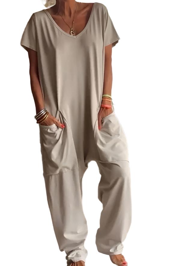 Womens Solid Color V-neck Oversized Pocket Jumpsuit - Plush Fashions Shop 