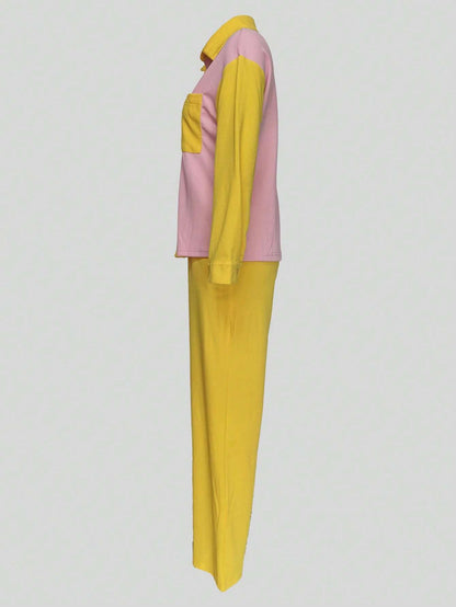 Colorblocked Shirt with Pocket Patch and Wide Leg Pants