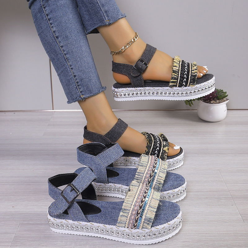 Fashion Tassel Denim Sandals With Thick-soled Summer Hemp Rope Sole Ethnic Shoes - Plush Fashions Shop 