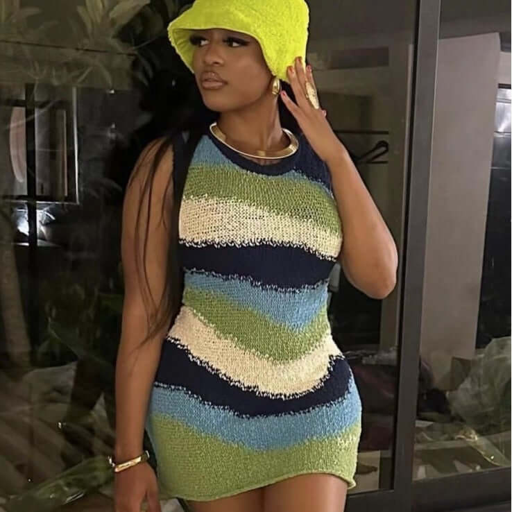 Sleeveless Contrast Color Knitted High Waist Slim Short Dress - Plush Fashions Shop 