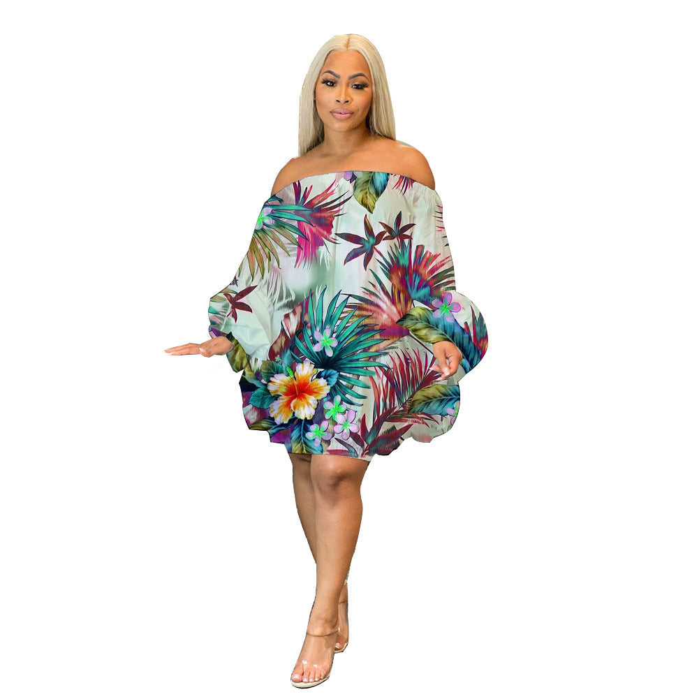 Off Shoulder Satin Printed Bat Sleeve Dress - Plush Fashions Shop 