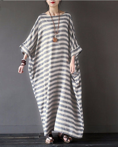 Cotton And Linen Stripes Loose Plus Size Long Dress - Plush Fashions Shop 