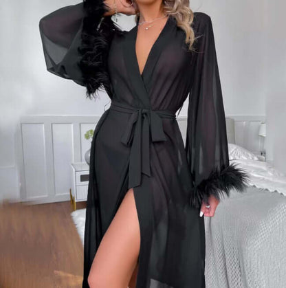 Women's  Silk Feather Long Style Long Sleeve Ladies' Robe - Plush Fashions Shop 