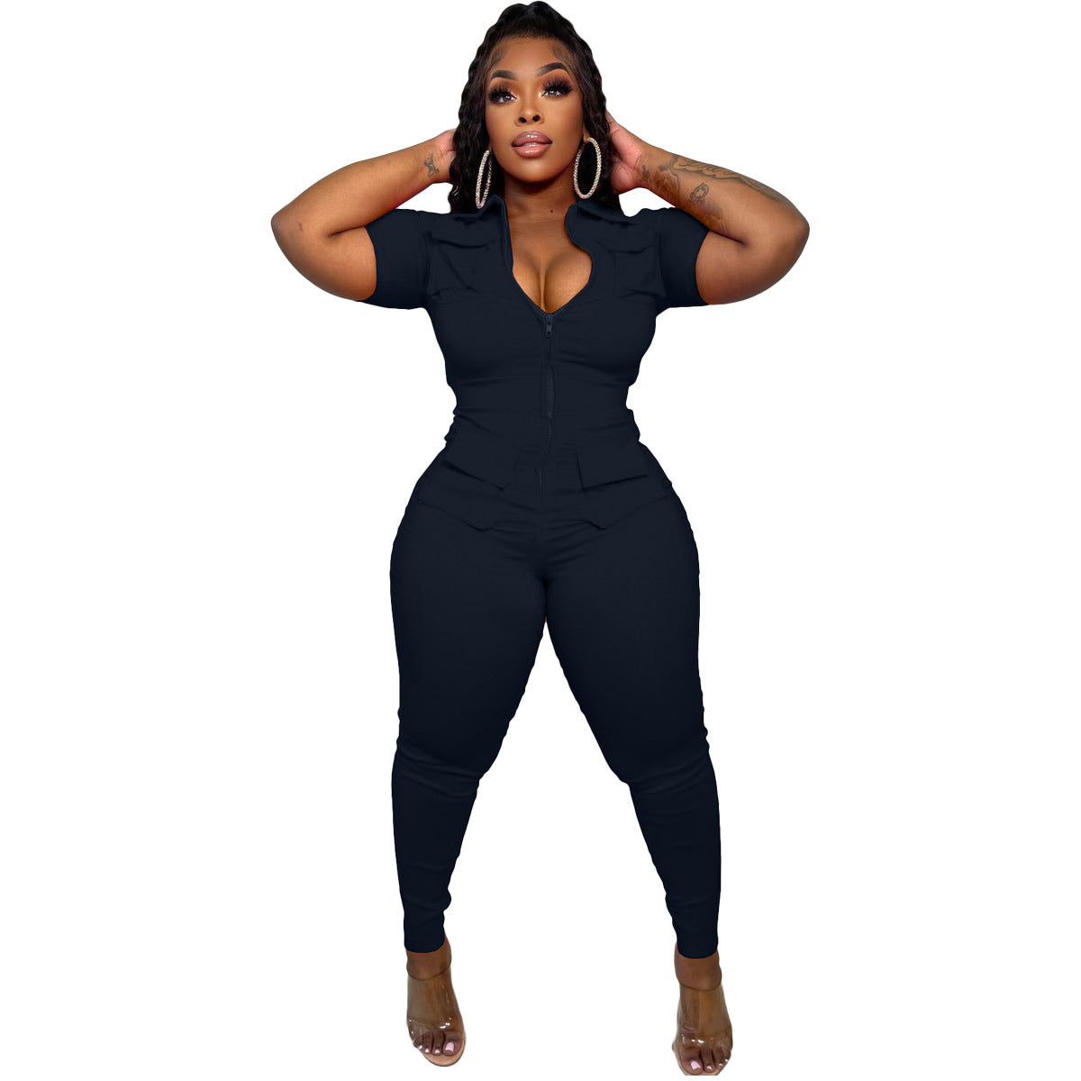 New Women's Clothing Zipper Three-dimensional Pocket Jumpsuit - Plush Fashions Shop 