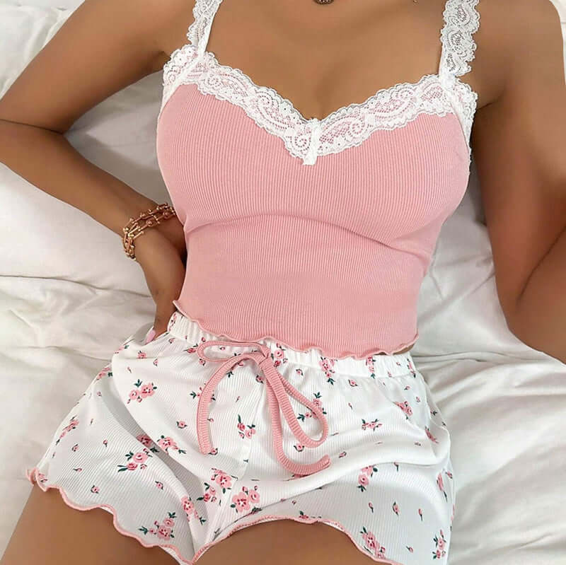 Ladies' Homewear Lace Suspender Shorts Suit - Plush Fashions Shop 