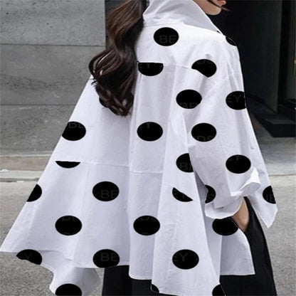 Long Sleeve Polka Dot Chiffon Temperament Commute White Lapel Shirt - Plush Fashions Shop 