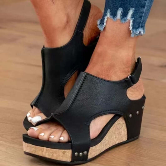 Women's Wedge Peep Toe Platform Rivet Sandals - Plush Fashions Shop 
