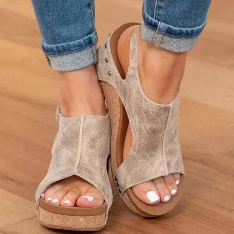 Women's Wedge Peep Toe Platform Rivet Sandals - Plush Fashions Shop 