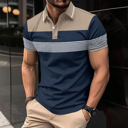 Men's Casual V-neck Button Business Striped All-matching Polot Shirt - Plush Fashions Shop 