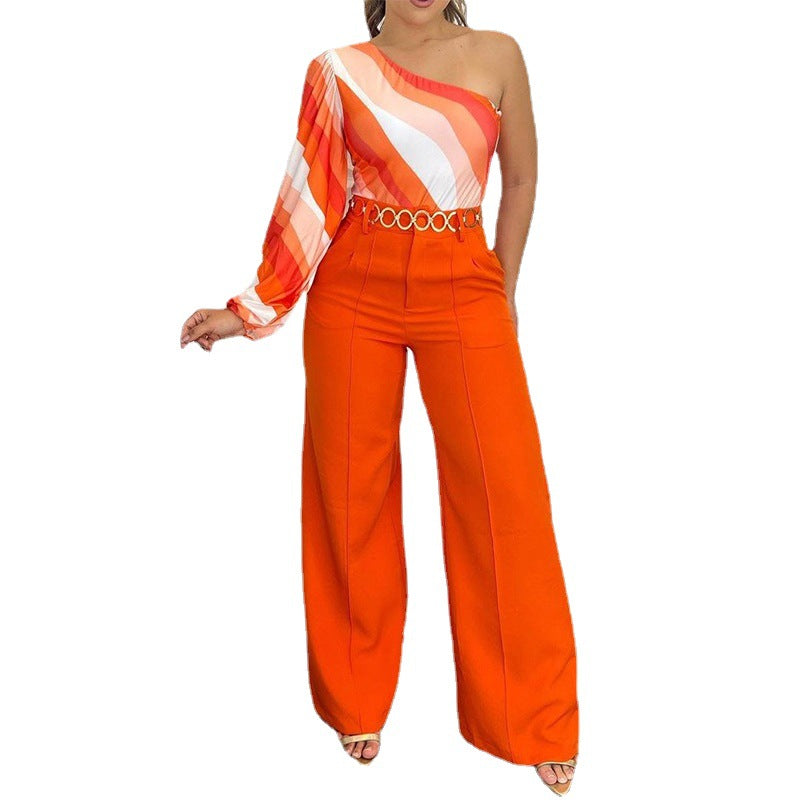 Fashion Shoulder Long Sleeve Top Solid Color Loose Two-piece Pants - Plush Fashions Shop 