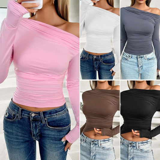 Casual Slim-fit Solid Color Diagonal Collar Pullover Top - Plush Fashions Shop 