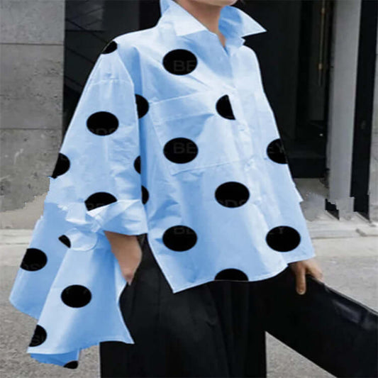 Long Sleeve Polka Dot Chiffon Temperament Commute White Lapel Shirt - Plush Fashions Shop 