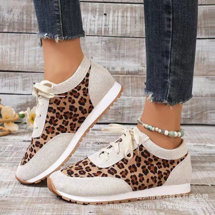 Flat Bottomed Leopard Print Lace Up Casual Sports Shoes - Plush Fashions Shop 