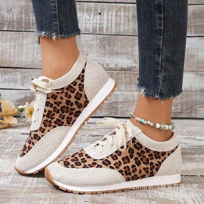 Flat Bottomed Leopard Print Lace Up Casual Sports Shoes - Plush Fashions Shop 