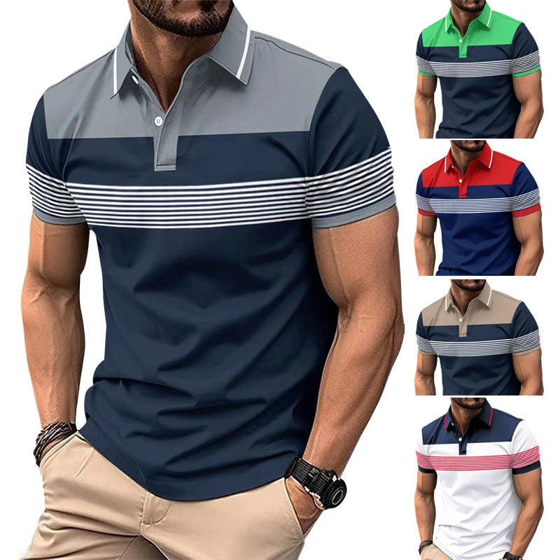 Men's Casual V-neck Button Business Striped All-matching Polot Shirt - Plush Fashions Shop 