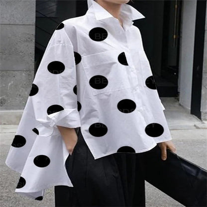 Long Sleeve Polka Dot Chiffon Temperament Commute White Lapel Shirt - Plush Fashions Shop 