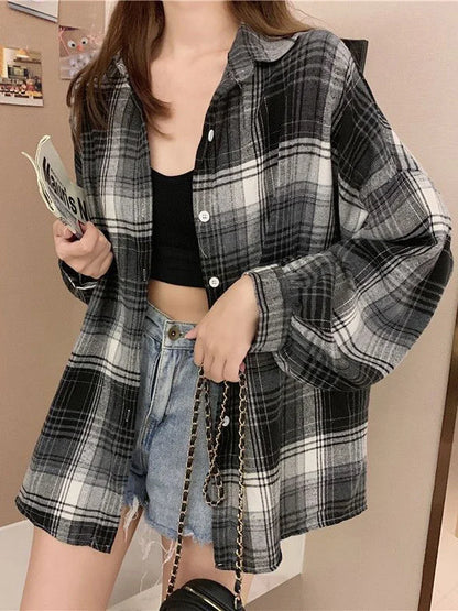 Plaid Shirt Women Autumn Long Sleeve  Vintage Fashion Single Breasted Blouse