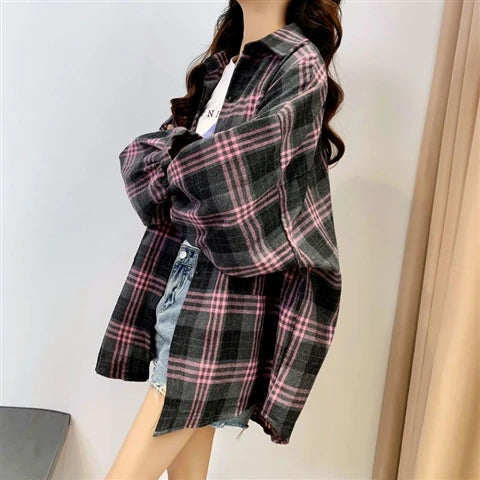 Plaid Shirt Women Autumn Long Sleeve  Vintage Fashion Single Breasted Blouse