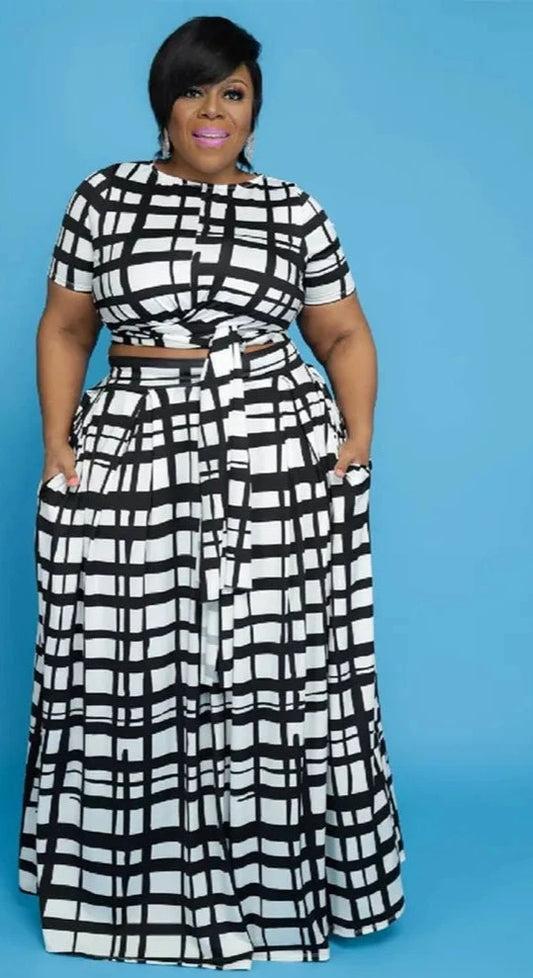 Plaid Two Piece Fashion Tie Up T-shirt and Maxi Skirts Matching Set For Women - Plush Fashions Shop 