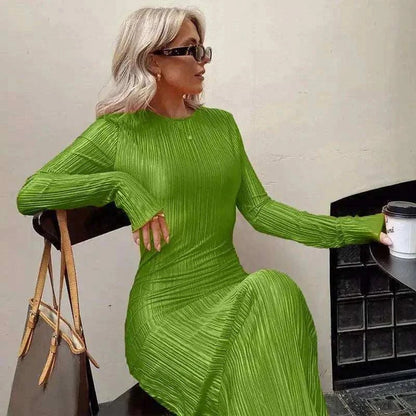 Dulzura Autumn Striped Ruched Ruffle Long Sleeve Bodycon Dress in green.