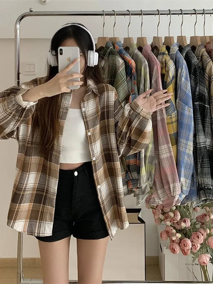 Plaid Shirt Women Autumn Long Sleeve  Vintage Fashion Single Breasted Blouse