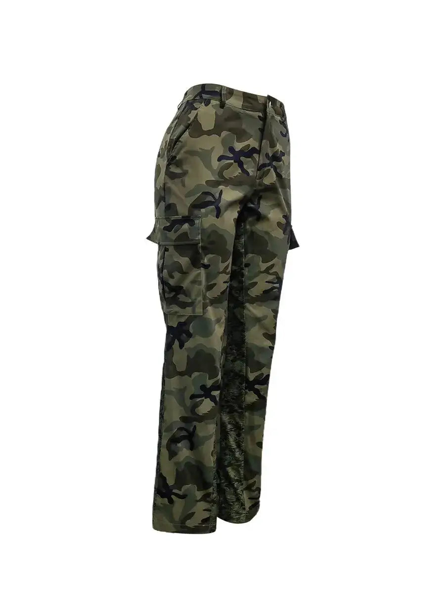 Camo Print Side Pocket Cargo Pants For Women - Plush Fashions Shop 