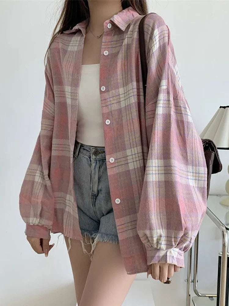 Plaid Shirt Women Autumn Long Sleeve  Vintage Fashion Single Breasted Blouse