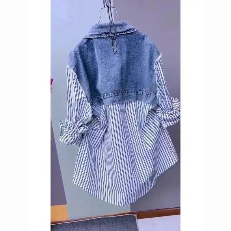 New Design Sense Stitching Women Fashion Striped Denim Jacket - Plush Fashions Shop 