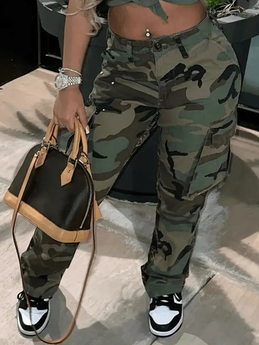 Camo Print Side Pocket Cargo Pants For Women - Plush Fashions Shop 