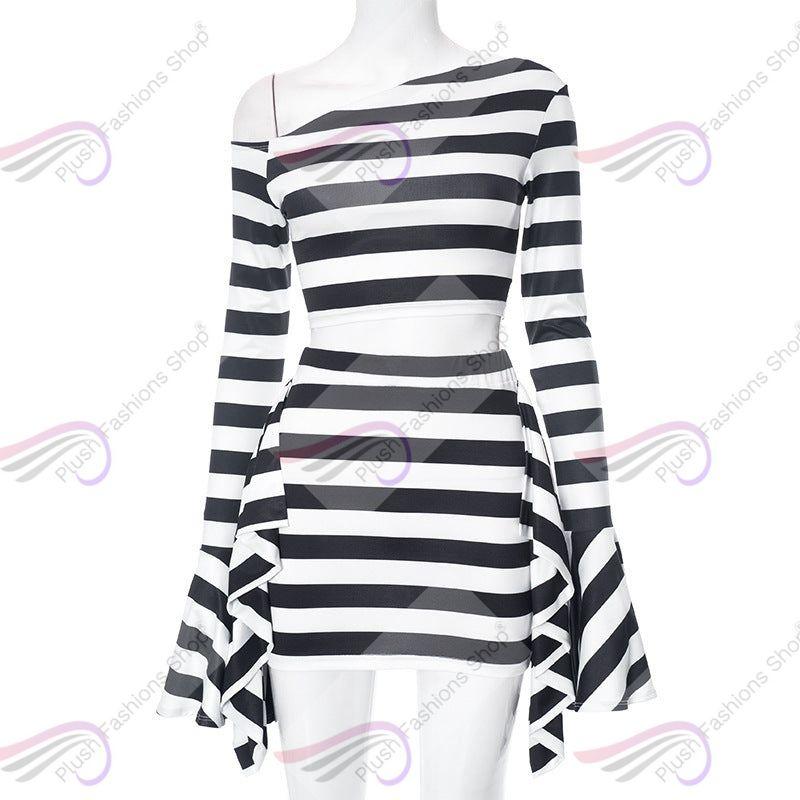 Casual Zebra Prints Cropped Horn Long Sleeve Top Skirt Suit - Plush Fashions Shop 