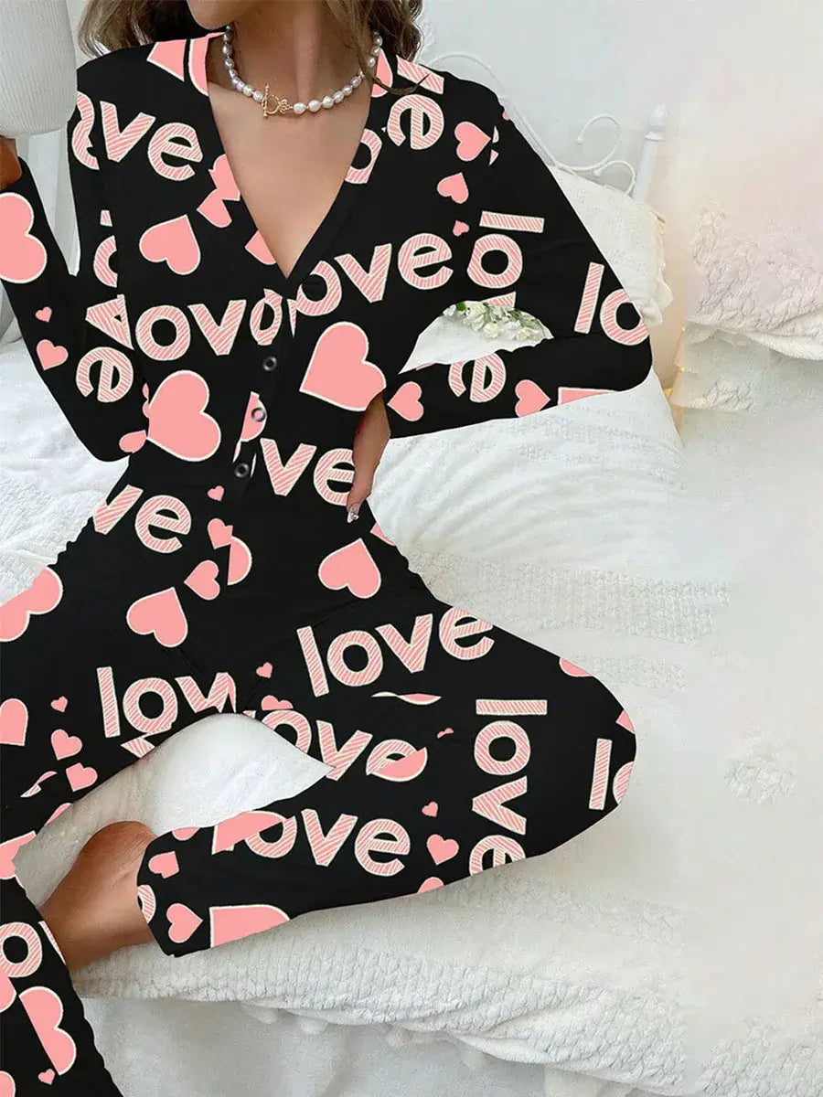 Women Jumpsuit Long Sleeve V Neck Button Closure Letters Heart Print Loungewear Sleepwear