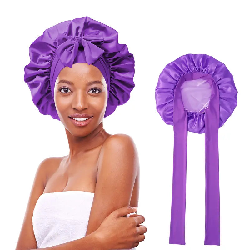 "AWAYTR Double Layered Satin Night Caps for Women - Silk Bonnet Hair Care Sleeping Hat with Elastic Tie Band"