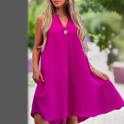 Summer V-neck Sleeveless Dress With Button Decoration Solid Color Dresses For Womens Clothing - Plush Fashions Shop 