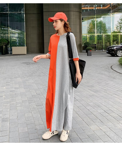 Women's Fashion Casual Cotton Colorblock Loose T-Shirt Dress - Plush Fashions Shop 