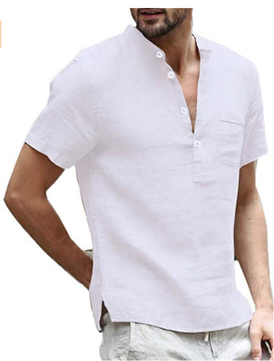 Casual Linen Solid Color Shirt Button V Neck Men Summer Tops - Plush Fashions Shop 