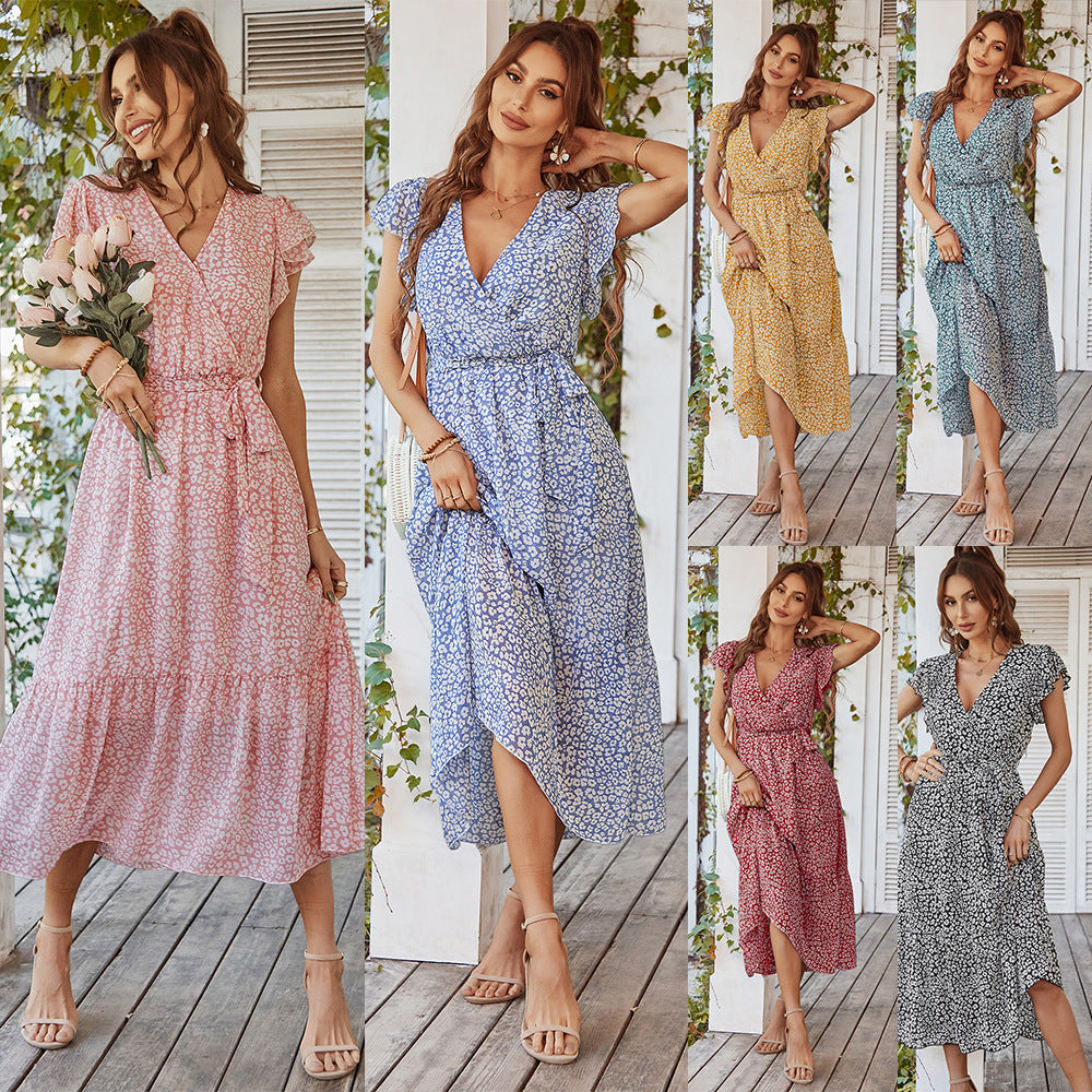 Summer Dresses Ruffle Cap Sleeve V Neck Belt Wrap Split Boho Floral Long Casual Party Beach Dress - Plush Fashions Shop 
