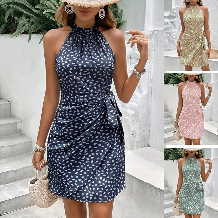 Summer Halterneck Printed Dress With Tied-waist Design Women's Shivering Dots Temperament Dress - Plush Fashions Shop 