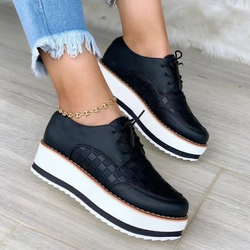 Lace-up Shoes Thick Bottom Checkerboard Design Flats Shoes For Women - Plush Fashions Shop 