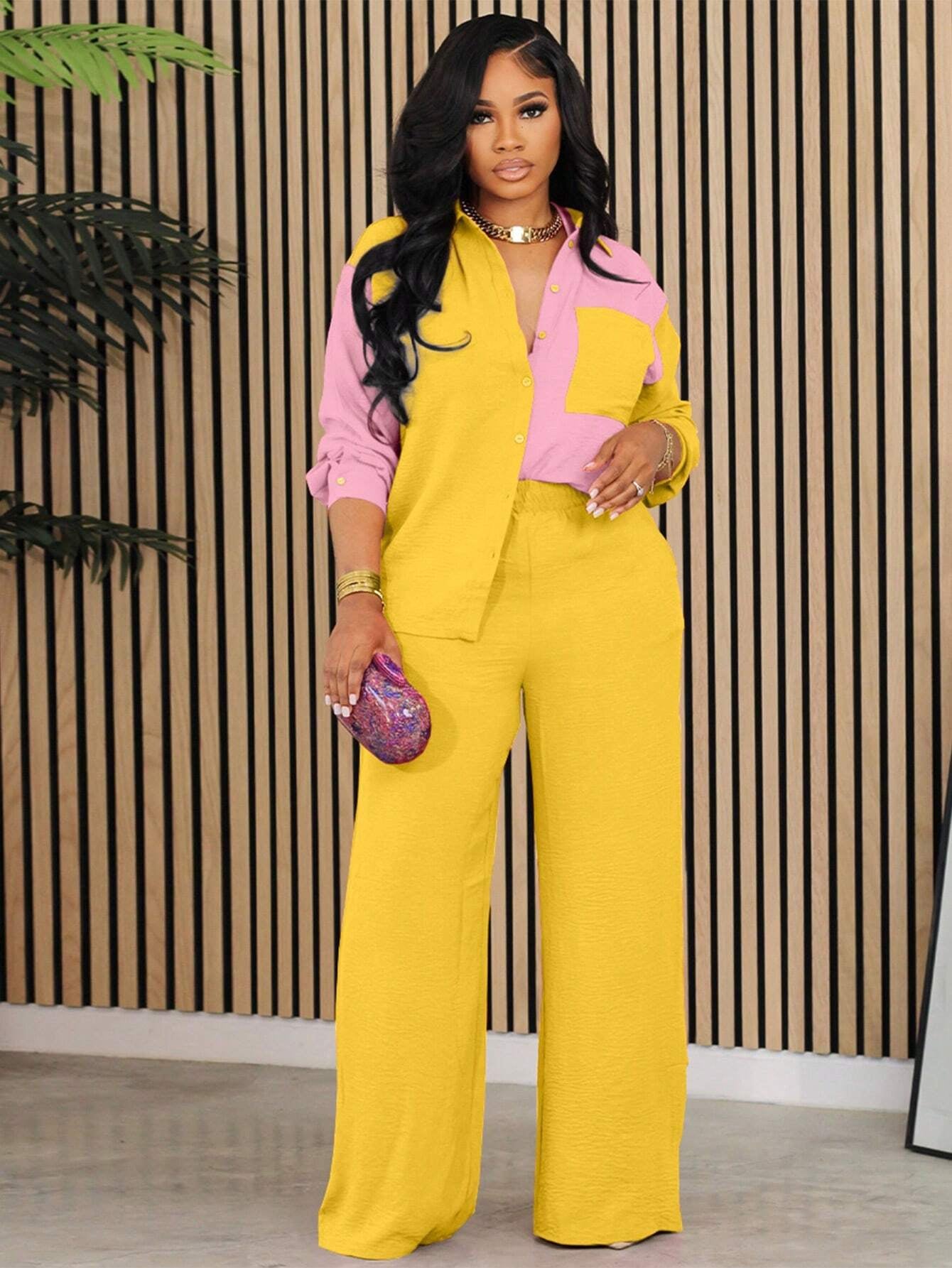 Colorblocked Shirt with Pocket Patch and Wide Leg Pants