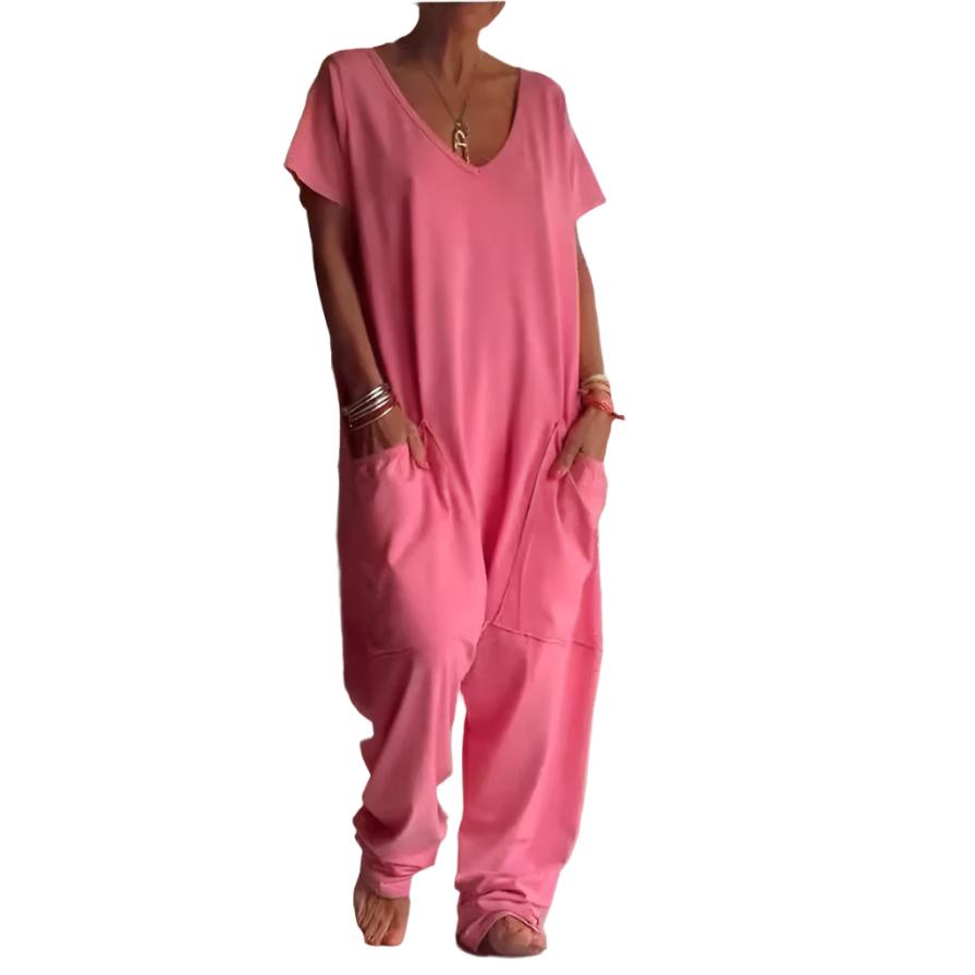 Womens Solid Color V-neck Oversized Pocket Jumpsuit - Plush Fashions Shop 