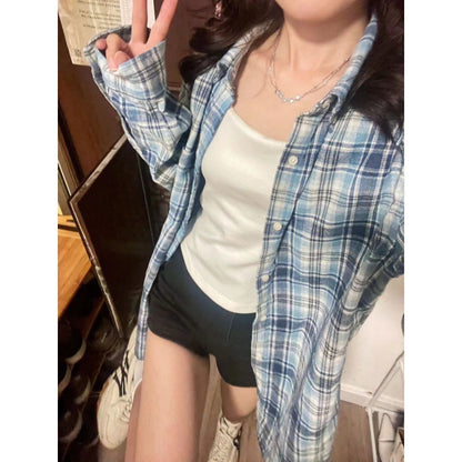 Fashionable Blue Plaid Shirt For Women - Plush Fashions Shop 