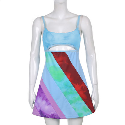 Y2K Aesthetic Patchwork Front Cut Out Stripe Spaghetti Strap Sexy Rave Party Dresses - Plush Fashions Shop 