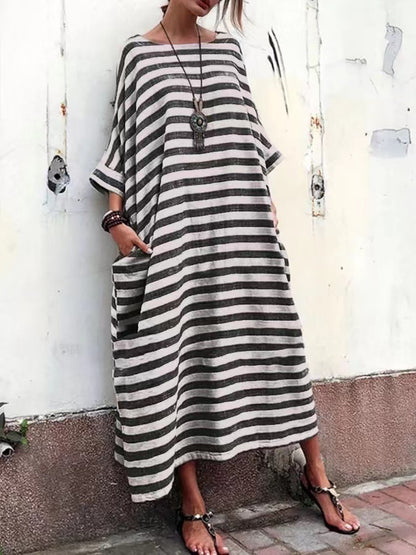 Cotton And Linen Stripes Loose Plus Size Long Dress - Plush Fashions Shop 