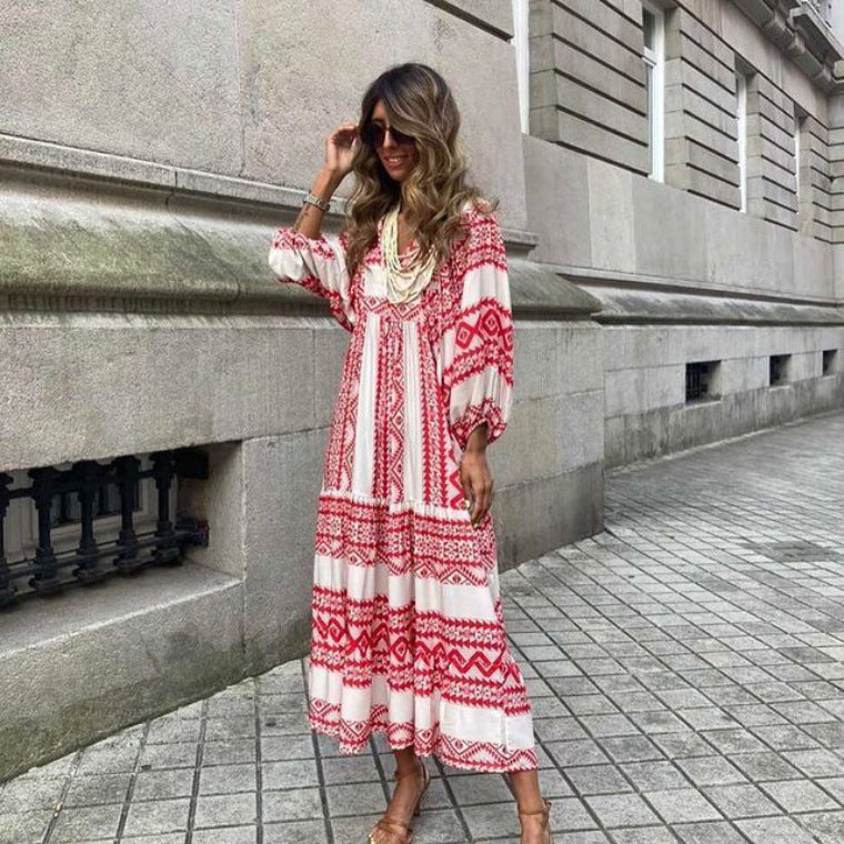 Summer Women's Vintage Printed Bohemian Dress Elegant Ladies Casual Loose V-Neck Short Sleeve Long Dresses - Plush Fashions Shop 