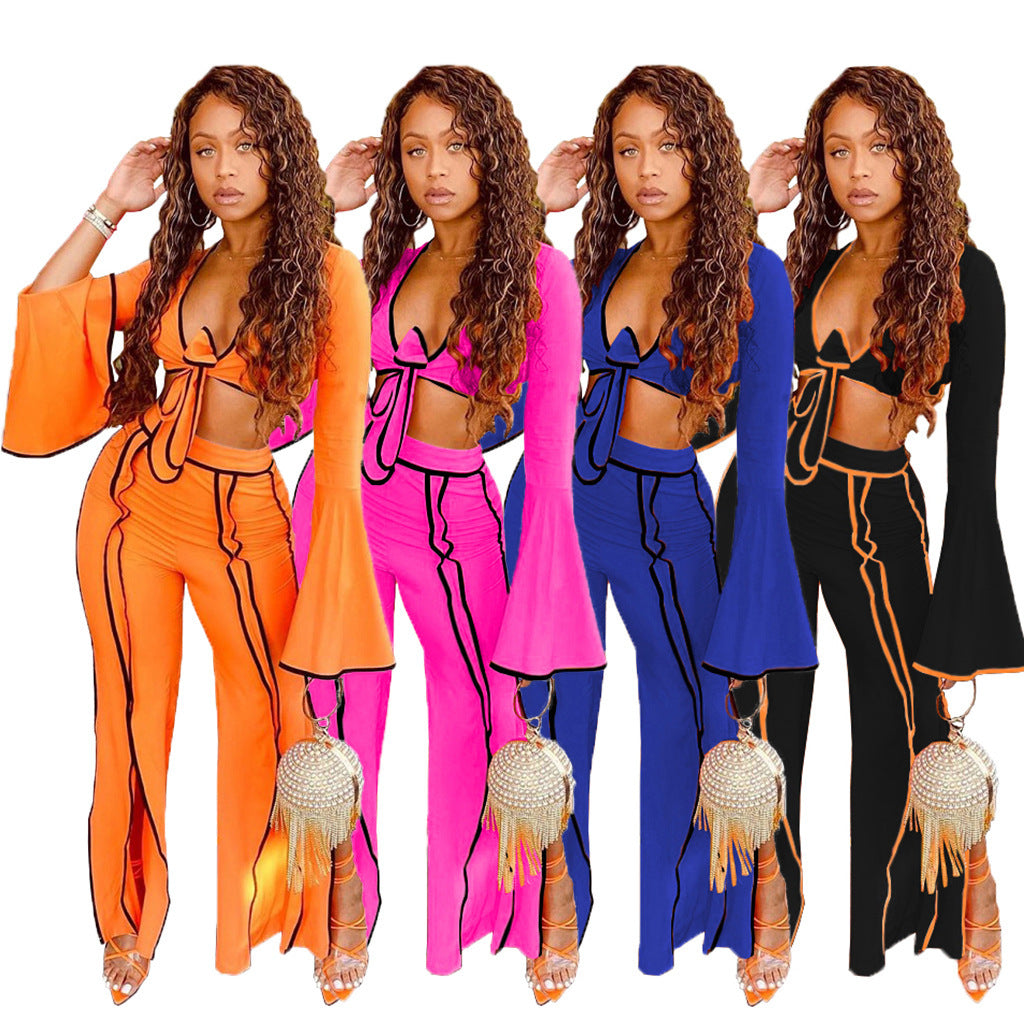New Fall Women's Clothing Personalized Line Wide Leg Sports Suit - Plush Fashions Shop 