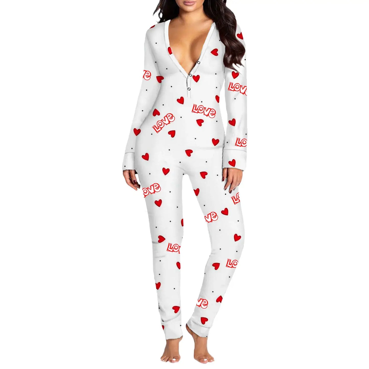 Women Jumpsuit Long Sleeve V Neck Button Closure Letters Heart Print Loungewear Sleepwear