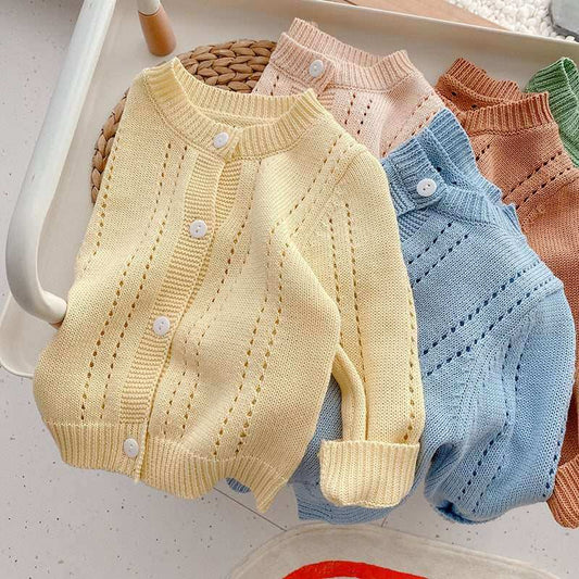 Candy Kids Baby Girls knitted sweaters in light green, light yellow, light blue, and beige apricot, round neck design, suitable for children aged 5-10.