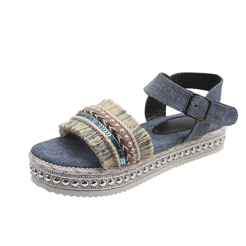 Fashion Tassel Denim Sandals With Thick-soled Summer Hemp Rope Sole Ethnic Shoes - Plush Fashions Shop 