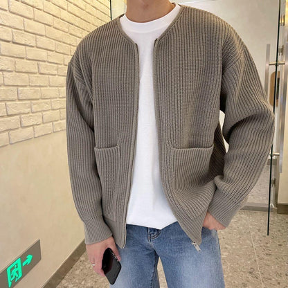 Men Zip Up Knitted Lined Funnel Neck Men's  Sweater