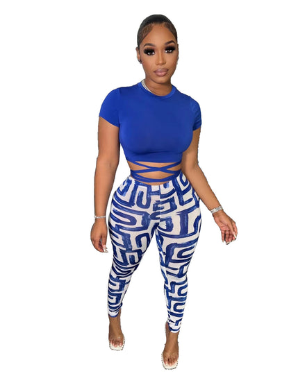 Fashion Printed Trousers Short Sleeve Two-piece Set - Plush Fashions Shop 